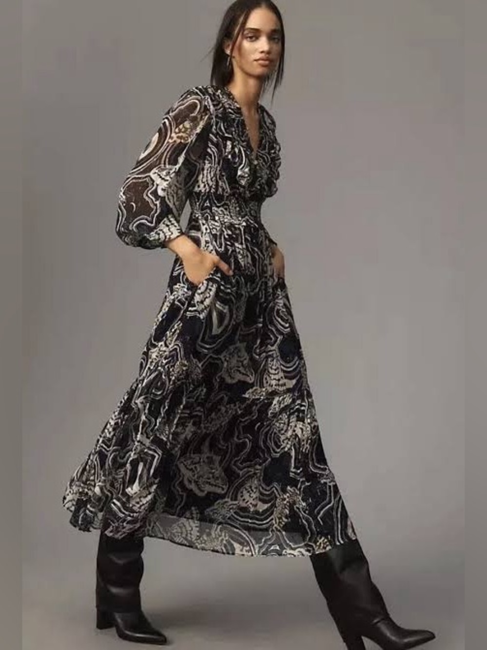 Anthropologie x Printer Johnson Long-Sleeve V-Neck Midi Dress Navy size XL